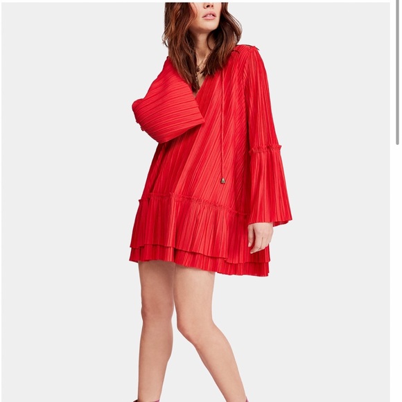 Free People Cherry Red Pleated Bell Sleeve Hippie Dress - S - Red - Picture 5 of 5